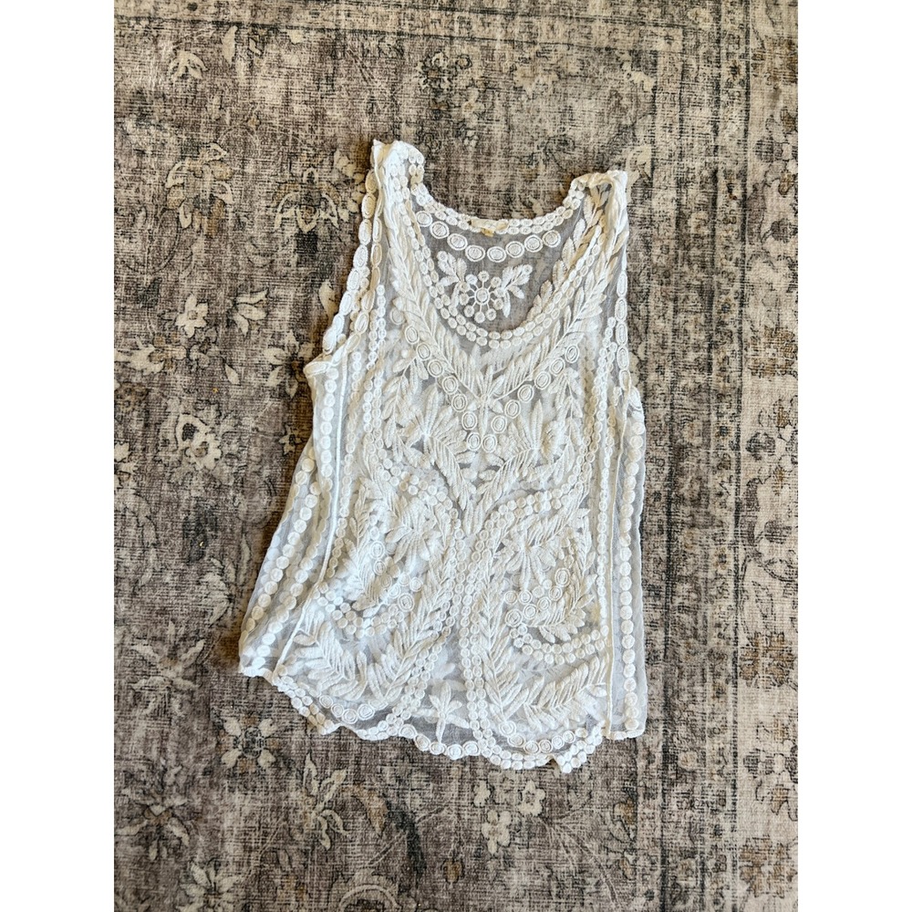White Lace Mesh Embroidered Tank Top Boho Floral Sheer Sleeveless Large